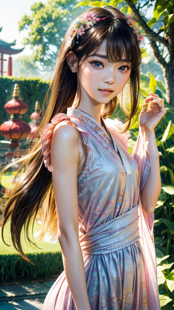 "(best quality, highres, ultra-detailed), A girl in a garden, Chinese Hanfu, beautiful detailed eyes, beautiful detailed lips, long eyelashes, graceful dance movements, flowing silk dress, vibrant flowers, gentle breeze, natural sunlight, vivid colors, elegant atmosphere"