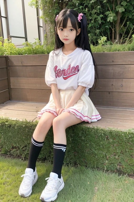 8k,Japanese,,Innocent face,Teenage Girlini skirt,Casual wear,Sitting,Black Hair,garden,Hair Clip、Light clothing、soaked、Cheerleader、cute、High exposure、Spreading her legs wide、See-through fashionable clothes、Show pants、Knee-high socks、Absolute area、camisole