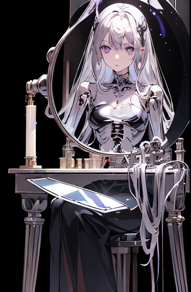 top quality、masterpiece、Ultra-high resolution、(Reality:1.4)、original photo、1 girl、Black Hair、((Below the neck、There is a fully mechanical skeleton without skin:1.4))、(((Colorless transparent latex,Resembling an attractive woman,Covering the body:1.4)))、((Ultra-realistic details))、porch、Global Illumination、shadow、Octan Rendering、8K picture quality、Super sharp、((All machine metal is mirror silver plated.:1.4))、Complex decorative mechanical skeleton details、Blood vessels in the tube、Extremely complex details、realistic light、CG Social Trends、Purple Eyes、Radiant eyes、Facing the camera、Neon details、Mechanical limbs Mechanical spine、Mechanical neck、Sit on it、Wires and cables to the head、Gundam、Small led light、(There is purple light behind)、