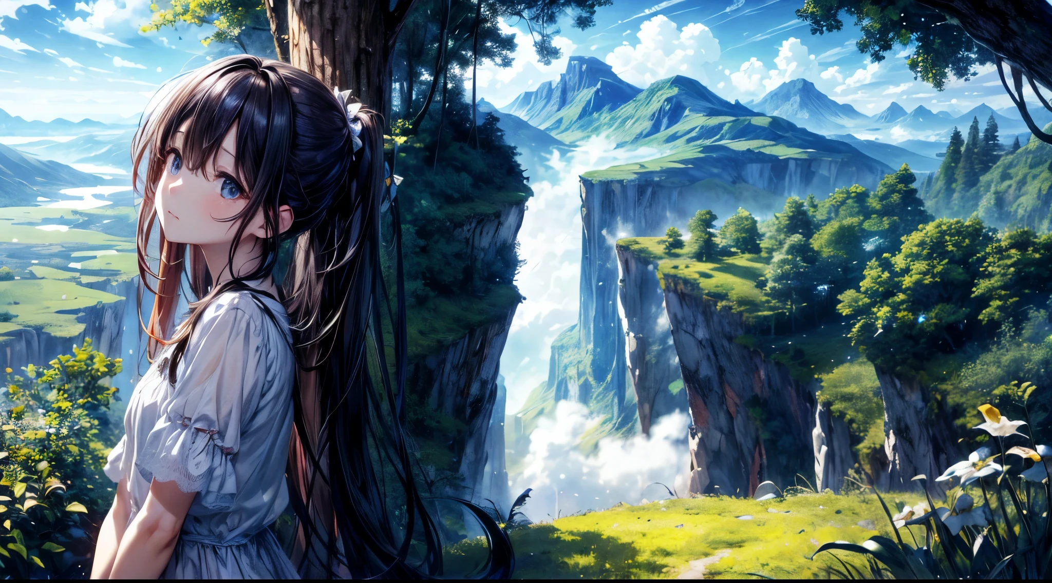 absurderes、hight resolution、(Official art、Beautifully Aesthetic:1.2)、Close View、4K
Shining sky、Vast world、girl with、Staring、awe-inspiring expression、Distant horizon、cloud、the woods、natural beauty、inspiration、Light Effects、