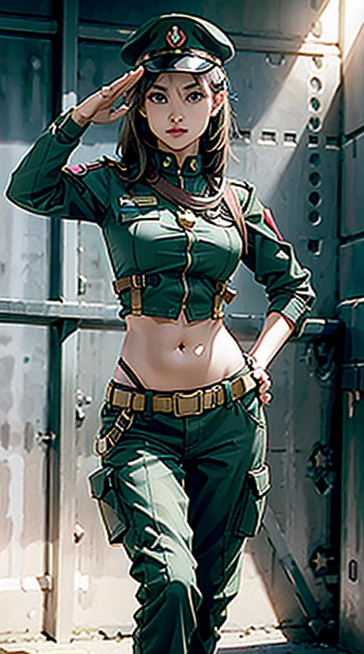 Women in crop top soldier uniform, soldier hat, medal on the chest, exposed abdomen area, very low waist cargo pants, navel, 45 years-old, high ranking , standing, military salute