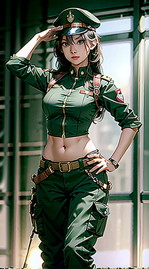 
Women in crop top soldier uniform, soldier hat, medal on the chest,  exposed abdomen area, very low waist cargo pants, navel, 45 years-old, high ranking , standing, military salute, color , hight quality, 4k