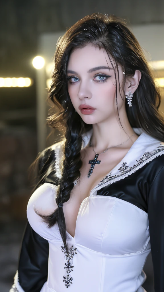 1 miniature Beautiful beautiful woman - Yuan Sayuki, ((top quality, 8K, Masterpiece:1.retty woman, 1 woman, huge breasts:1.3, a slim body:1.1, lush GINGER long hair with 2 buns, (shower, wet body, wet clothes:1.1), very detailed face, detailed lips, detailed eyes, double eyelids, Detailed blue eyes, чрезвычайно Detailed Outstanding Blue Eyes, long GINGER wet hair, GINGER wet hair, Detailed Outstanding Blue Eyes, innocent look at the viewer, very wet wavy white hair, Detailed Outstanding Blue Eyes, huge cross earrings, Outdoors, badges behind, gothic maid uniform, sexy maid dress, bare chest, huge chest tattoo, detailed huge catholic cross earrings, chest tattoo, Outside, wear a silver cross (Detailed cross shape), reality mode, wet breasts, black necklace, human crowd behind, black latex gloves, hair of white snowy colour, night time, red neon lights, demonic nun, nimbus (golden lighting ring above her head), angel, snowy weather, sexy pose, white lingerie, black maid dress, detailed flower wreath made of different colours, open chest (tattoo on her chest)