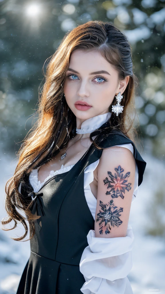 1 miniature Beautiful beautiful woman - Yuan Sayuki, ((top quality, 8K, Masterpiece:1.retty woman, 1 woman, huge breasts:1.3, a slim body:1.1, lush GINGER long hair with 2 buns, (shower, wet body, wet clothes:1.1), very detailed face, detailed lips, detailed eyes, double eyelids, Detailed blue eyes, чрезвычайно Detailed Outstanding Blue Eyes, long GINGER wet hair, GINGER wet hair, Detailed Outstanding Blue Eyes, innocent look at the viewer, very wet wavy white hair, Detailed Outstanding Blue Eyes, huge cross earrings, Outdoors, badges behind, gothic maid uniform, sexy maid dress, bare chest, huge chest tattoo, detailed huge catholic cross earrings, chest tattoo, Outside, wear a silver cross (Detailed cross shape), reality mode, wet breasts, black necklace, human crowd behind, black latex gloves, hair of white snowy colour, night time, red neon lights, demonic nun, nimbus (golden lighting ring above her head), angel, snowy weather, sexy pose, white lingerie, black maid dress, detailed flower wreath made of different colours, open chest (tattoo on her chest)