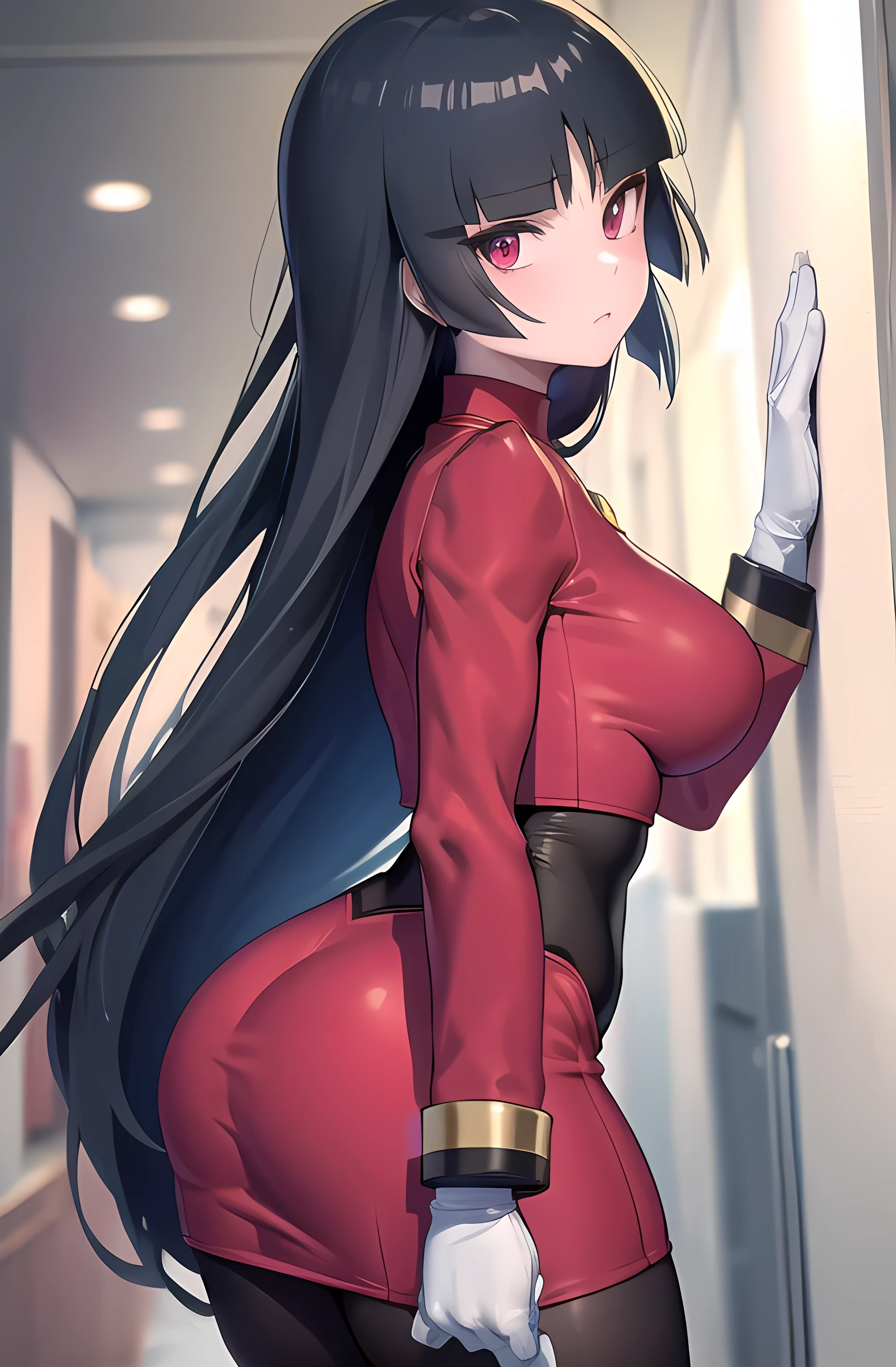 masterpiece, best quality, frlgsabrina, blunt bangs, very long hair, black hair, black bodysuit, red crop top, red sleeves, red skirt, white gloves, black pantyhose, large breasts, looking at viewer, from side, hallway