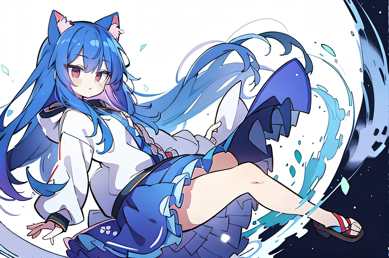 (masterpiece:1.2),Super detailed,lifelike,Expressive eyes,fair skin,perfect face shape,1 girl,
Japanese comics,Gorgeous blue hair,flowing blue hair,flowing clothes,Cat ears,Petals fall,beautiful lola,Baby Angel,
Shaking head with one hand,Cross your legs,Gentle and peaceful background,The pavilion is cool and comfortable,smile, wearing hoodie, background of tokyo,back views,snowing, winter.