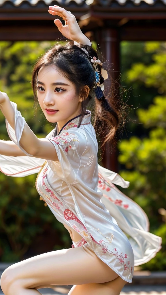 (best quality,4k,8k,highres,masterpiece:1.2),ultra-detailed,(realistic,photorealistic,photo-realistic:1.37),A girl wearing Chinese Hanfu,beautiful detailed eyes,beautiful detailed lips,extremely detailed eyes and face,long eyelashes,(gracefully, elegantly, passionately),dancing sexyly in a picturesque garden,(lively, vibrant) blooming flowers in the background,soft sunlight illuminating the scene,gentle breeze,fluttering silk ribbons and sleeves,exquisite embroidery and flowing patterns on the Hanfu,delicate accessories adorning her hair and wrists,swirling and twirling movements,graceful hand gestures,joyful expression on her face,floating and weightless-like movements,harmonious and fluid body posture,impressive flexibility and balance,captivating energy and presence,(traditional, classical) Chinese music playing in the background,ethereal and enchanting atmosphere,subtle color palette with hints of vibrant red,rich cultural heritage and artistry,deep connection with nature and her surroundings,immersing herself in the beauty of the moment,synchronized movements with nature's rhythm and melody,seamless fusion of traditional and modern aesthetics,celebration of femininity and self-expression through dance,transcending time and space with her artistic performance.