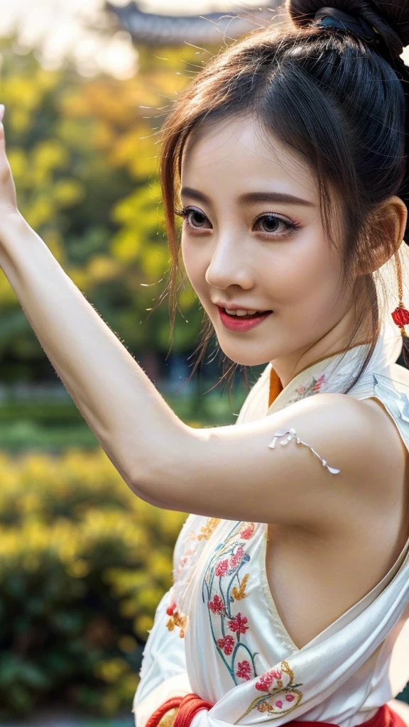 (best quality,4k,8k,highres,masterpiece:1.2),ultra-detailed,(realistic,photorealistic,photo-realistic:1.37),A girl wearing Chinese Hanfu,beautiful detailed eyes,beautiful detailed lips,extremely detailed eyes and face,long eyelashes,(gracefully, elegantly, passionately),dancing sexyly in a picturesque garden,(lively, vibrant) blooming flowers in the background,soft sunlight illuminating the scene,gentle breeze,fluttering silk ribbons and sleeves,exquisite embroidery and flowing patterns on the Hanfu,delicate accessories adorning her hair and wrists,swirling and twirling movements,graceful hand gestures,joyful expression on her face,floating and weightless-like movements,harmonious and fluid body posture,impressive flexibility and balance,captivating energy and presence,(traditional, classical) Chinese music playing in the background,ethereal and enchanting atmosphere,subtle color palette with hints of vibrant red,rich cultural heritage and artistry,deep connection with nature and her surroundings,immersing herself in the beauty of the moment,synchronized movements with nature's rhythm and melody,seamless fusion of traditional and modern aesthetics,celebration of femininity and self-expression through dance,transcending time and space with her artistic performance.