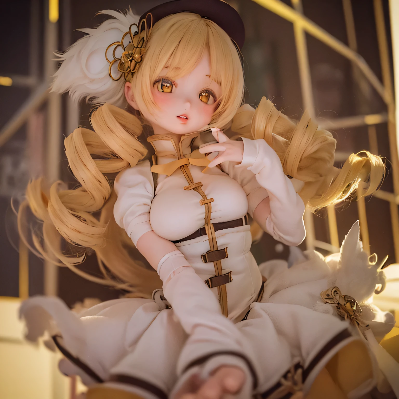 (highest quality,Very detailed,masterpiece:1.2),Expressive eyes,Perfect Face,Beautiful Mami Tomoe,Pink Long Hair,Golden Eyes, Pink Lips,naked,Anime Style,Bright colors, cute (((((Thick lips)))))Curvaceous and voluptuous body
