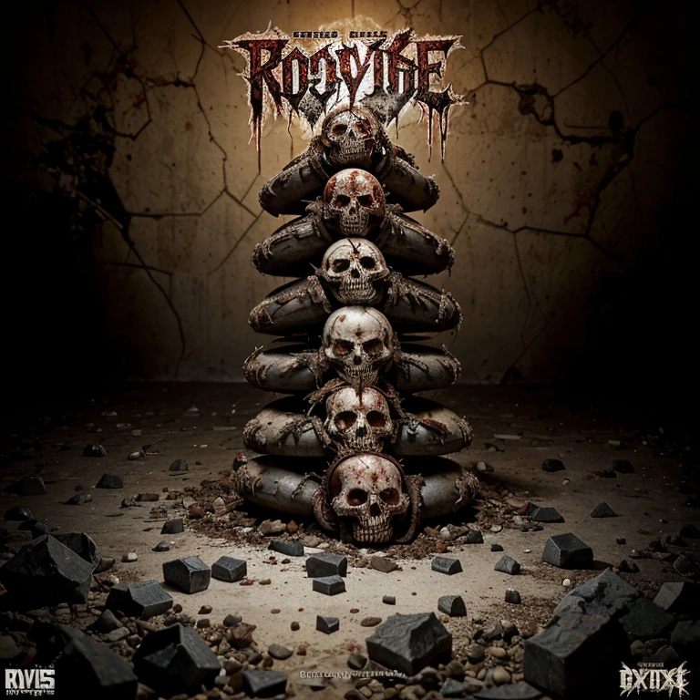 Graphic and crude image of a pile of rotting flesh and shattered bones, con moscas revoloteando alrededor. En el centro, el logo de la banda "Carnage abyss" in a grotesque and bloody typography