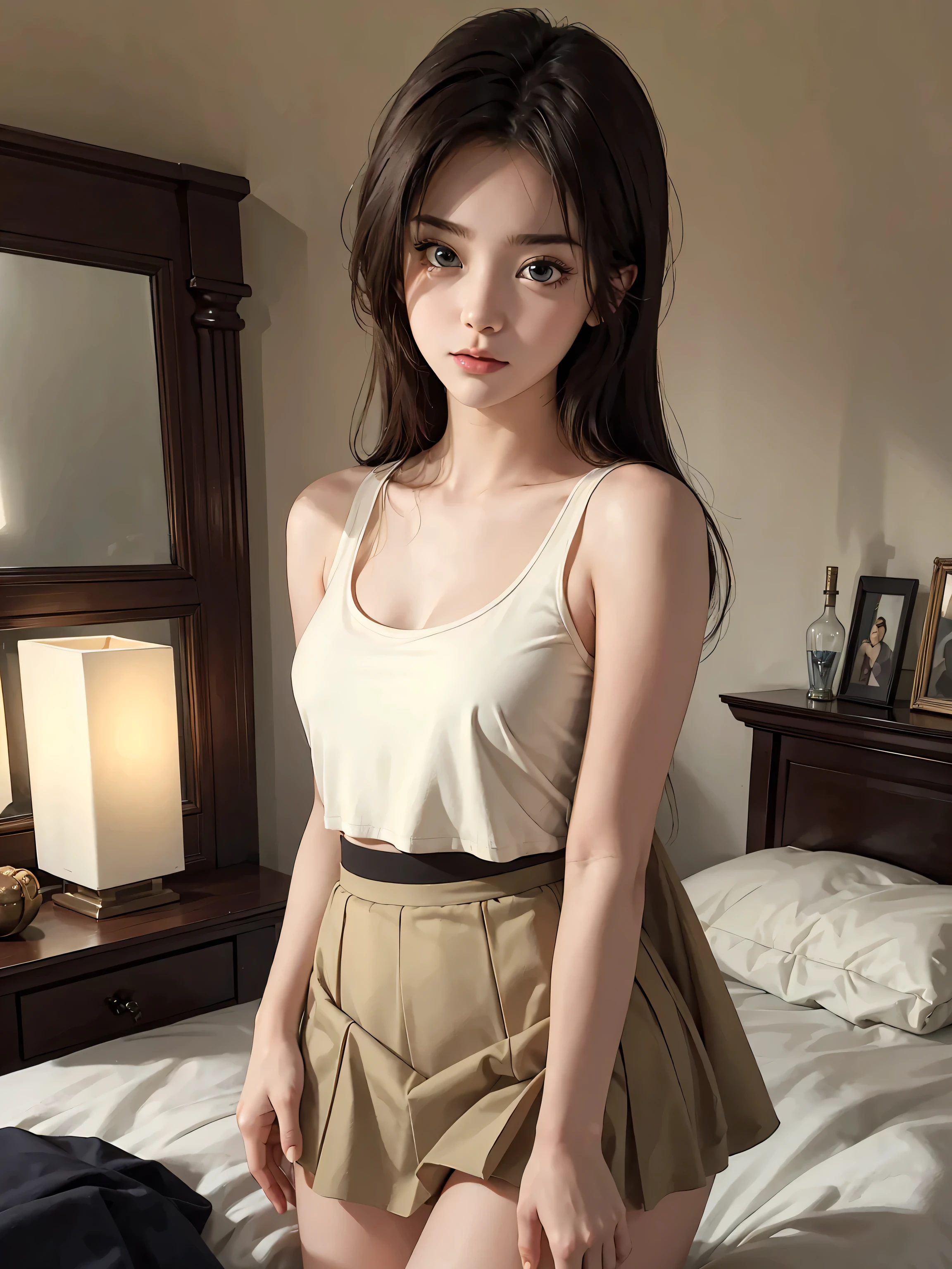 Masterpiece, best quality, super fine, k, 17s old, incredibly absurdres, extremely detailed, beautiful woman, amorous and lewd expression, She is wearing a loose-fitting tank top, and mini skirt, superlative body proportion, bedroom,