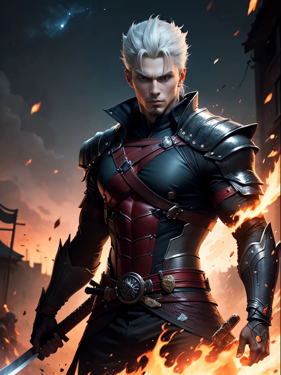 master part, Vergil como samurai das sombras, cabelo preto com mecha branca, Estilo de pintura extremamente detalhado, The katana is on fire, The fire is blue, The fire is very bright, personagem realista, heroic, epic pose, Twilight, night sky
