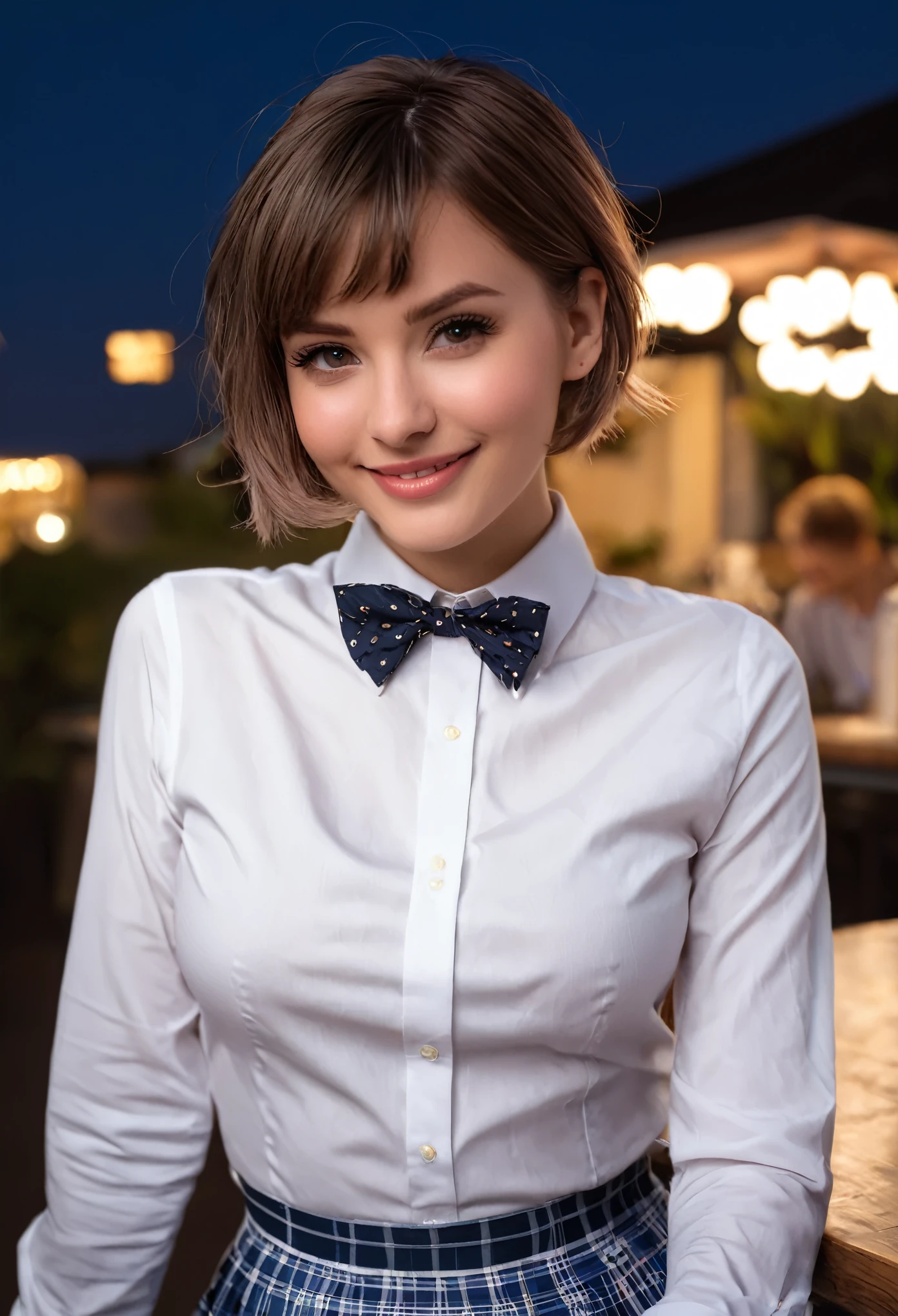 (8k, RAW photo, best quality, masterpiece:1.2), (realistic, photo-realistic:1.37), ultra-detailed,
1 girl,cute, solo,beautiful detailed sky,detailed cafe,night,sitting,dating,(nose blush),(smile:1.1),(closed mouth),large breasts, seductive smile, large aparture, professional lighting, Sony A7R4, Zessie 50mm F1.8,
medium breasts,beautiful detailed eyes,(collared shirt:1.1), bowtie,pleated skirt,(short hair:1.2),floating hair 