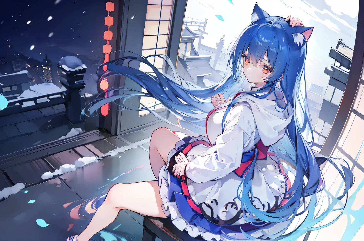 (masterpiece:1.2),Super detailed,lifelike,Expressive eyes,fair skin,perfect face shape,1 girl,
Japanese comics,Gorgeous blue hair,flowing blue hair,flowing clothes,Cat ears,Petals fall,beautiful lola,Baby Angel,
Shaking head with one hand,Cross your legs,Gentle and peaceful background,The pavilion is cool and comfortable,smile, wearing hoodie, background of tokyo,back views,snowing, winter.