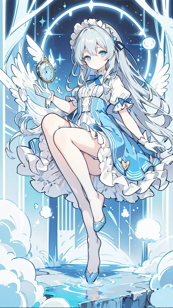 (detailed and beautiful eyes), movie lighting, gray hair, blue eyes, long blonde hair, curly hair, roman curl, puff sleeves, frills, shining eyes, (irradiated particles), cloudy rapper, alice in wonderland, blue eyes, light blue dress, cane, dramatic composition, extreme details, High resolution, Mr.. Rabbit, White Rabbit, pocket watch, playing cards flying in the air, lolita dress, blue and white striped stockings, bow, look at the camera, Socks with frills, pearl necklace, lace gloves, Large bow Headdress, ribbon, jumping, fall, float, cloudy, starry sky, dream-like