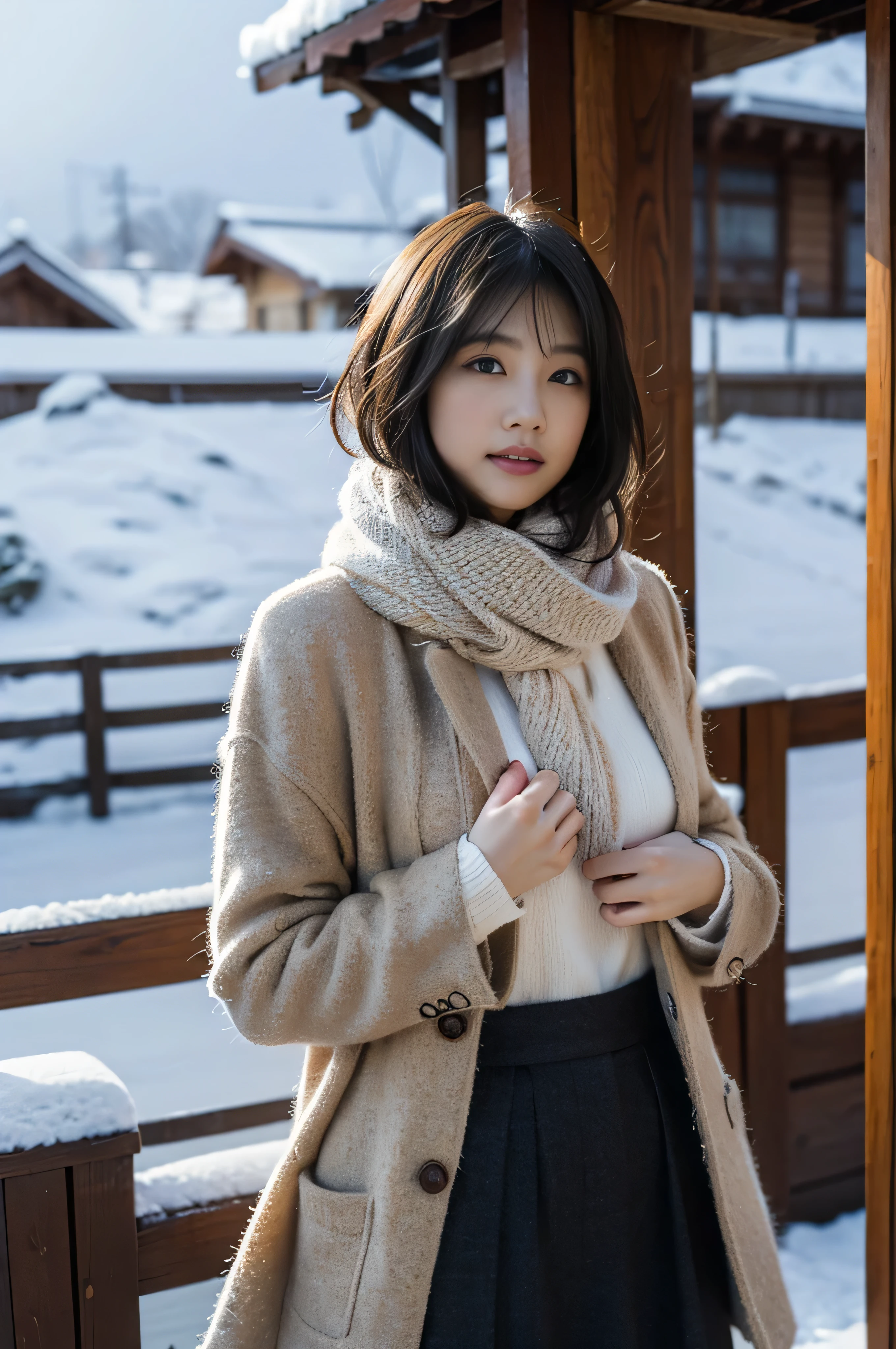 high quality, masterpiece, Ultra-high resolution, (Realistic:1.4), Raw photo, 1 Girl, Japanese，Black Hair、Moody tones, Hair swaying in the wind、Beautiful woman，２0-year-old、Place one hand in front of your chest、Frontal body、whole bodyショット、flare skirt、cold、winter，Snow Scene，Snowfall，Fluffy white coat，Red checked wool scarf，Detailed depiction of the hand、short hair、Short Hair、whole body、Red check muffler、Strong sunlight、Shadow representation、Don't look over here、Looking into the distance