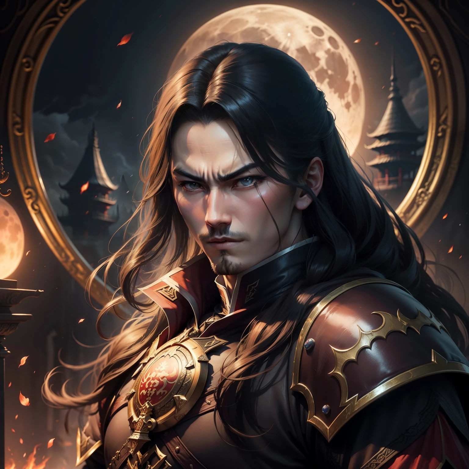 Legendary Castlevania Lord of Shadows chinese style portrait hyper realistic super detailed Dynamic pose Moon behind
