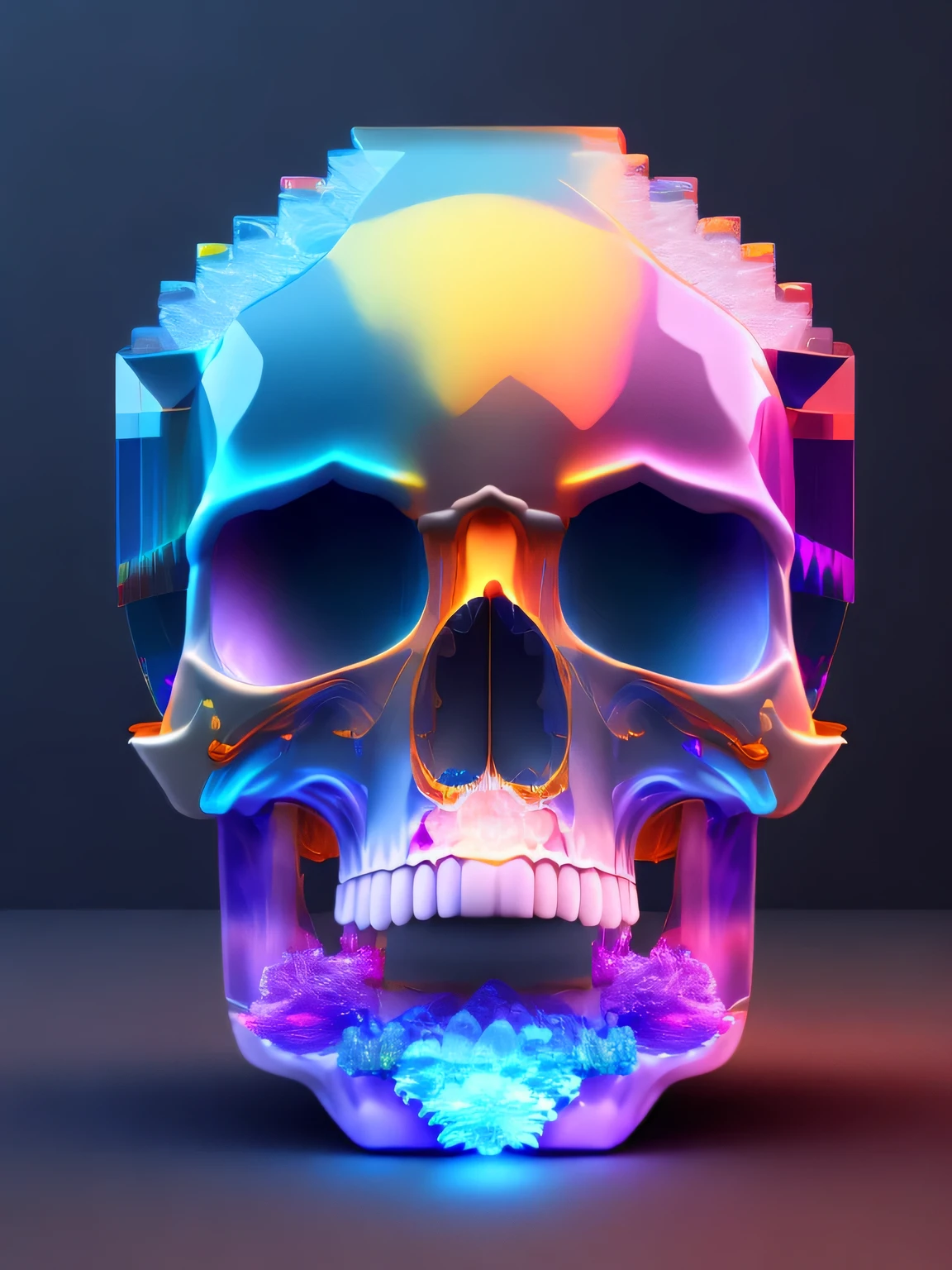 A realistic crystal falls on a human skull and causes it to explode into pieces of glass of all colors ,pixel , Pixelated Skull