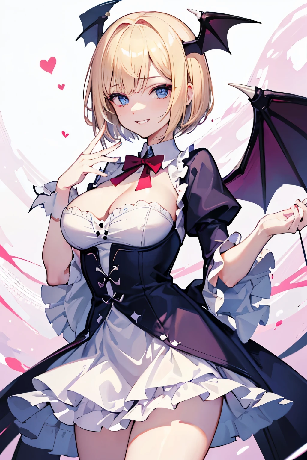 best quality, super fine, 16k, incredibly absurdres, extremely detailed, delicate and dynamic, cute and beautiful pretty vampire, big blue eyes, grin, smirk, blonde short messy wavy bob cut and bangs, captivating look, aroused expression, wearing white miniskirt dress with white lace and frills, superlative body proportion, big purple wings like a devil or bat, red glossy lips, background on a white cloud and pastel colored dots, pop art