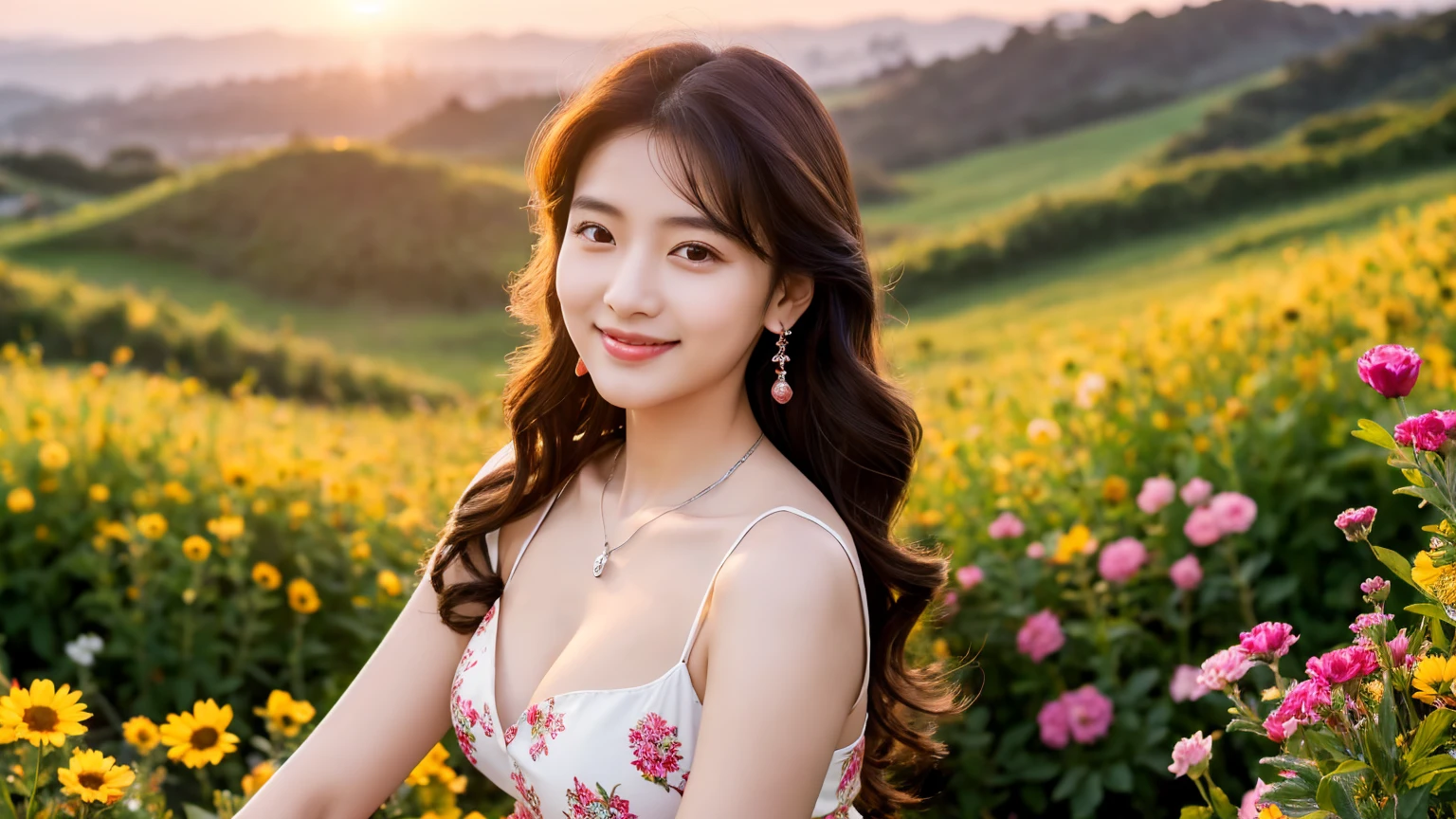 A beautiful Chinese girl,Oval face,Full breasts,Big wavy long hair,Tilting your head,Sweet smile,Wearing a ruby pendant around her neck,Large silver earrings,Wearing a floral deep V dress,Stand among the flowers,Feet wearing white sneakers,Hands holding colorful flowers,Facing the sunset,The background is rolling hills full of flowers。8K resolution,Photorealistic rendering,Hyperrealism,Soft light,full-body shot