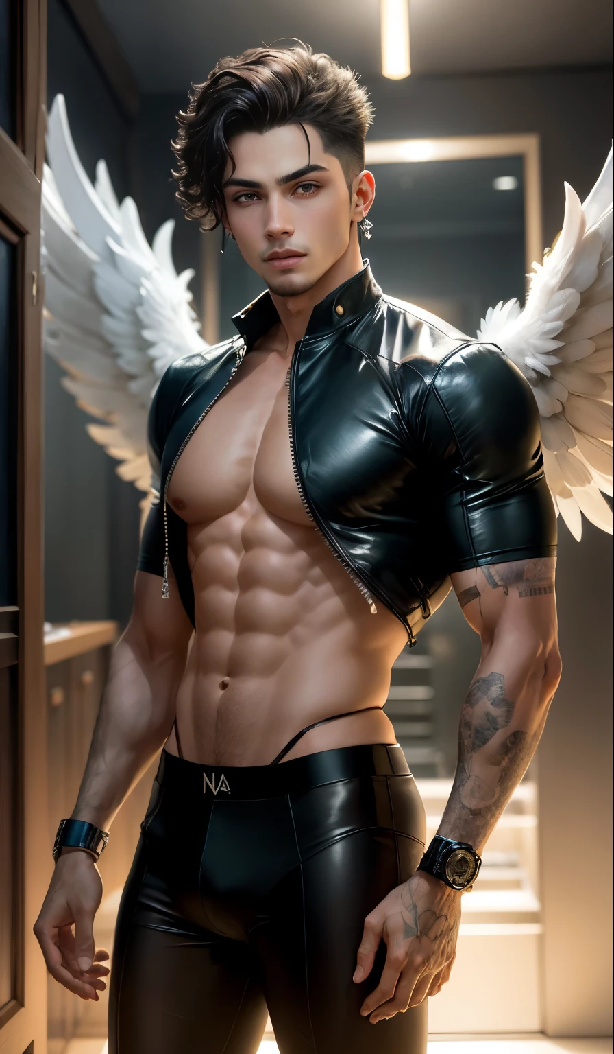 Young angel homem, mal, Parecido com coruja, com quatro asas negras, olhos vermelhos, mal look, aura escura, homem