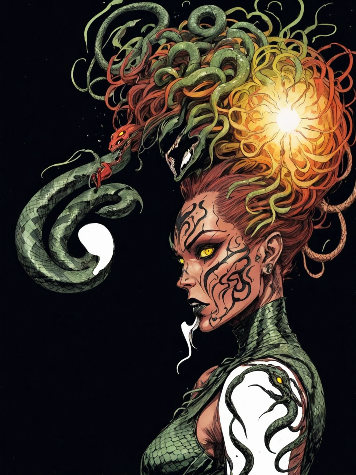 Medusa, colors, bleak muted deep fiery radiant glowing ROYGBIV,  splash page decompressed comic cover art, ink style figure, ((expressive Joelle Jones and "Sean Gordon Murphy" comic drawing)), wordless, cinematic poster, double exposure, optical illusion, image within image, abyss void black no visibility darkness, full length portrait, (background, pine barrens, entropy, rewilding, magic hour sunset, galaxy stars, cosmos), (horror, abstract, surreal, body, cosmic), candid, snake skin dress, morphology anatomy drawn Frederic Delavier musculature anatomical illustration, (face, ornate black-metal corpsepaint face paint, resembles Grace Jones), (body, Naga, snakefolk, lower body snake tail, snake woman hybrid, bald, hairless, skeleton, snake skin tattoos, piercing eyes, snake pupils, over the shoulder), (colors, bleak muted deep fiery radiant glowing ROYGBIV, forest green, earth brown), craftsmanship nuance, (Gerardo Zaffino charcoal), subliminal orchids, nyctophobia, silhouette
