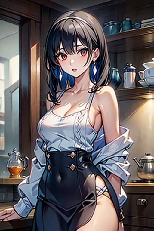 masterpiece, 1girl, Amazing Cleavage:1.3, thin waist, big ass, Raised sexy, small breast:1.0,posed cleavage:1.2,solo, looking at viewer, open mouth, have a cup of coffee,black hair, red eyes, dress, bare shoulders, jewelry, collarbone, sidelocks, hairband, earrings, indoors, off shoulder, :o, sweater, arms behind back, plant, short hair with long locks, white hairband, off-shoulder dress, sweater dress, off-shoulder sweater, red sweater, big side hair, very long side hair,is rendered in (masterpiece: 1.2, best quality), with (ultra high resolution) and an exquisite (depth of field). This masterpiece is not only visually stunning but also tells, make of cooking some cakes ,in the kitchen