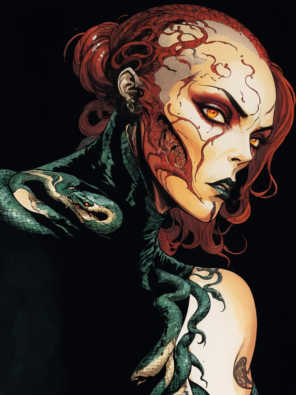 Medusa, colors, bleak muted deep fiery radiant glowing ROYGBIV,  splash page decompressed comic cover art, ink style figure, ((expressive Joelle Jones and "Sean Gordon Murphy" comic drawing)), wordless, cinematic poster, double exposure, optical illusion, image within image, abyss void black no visibility darkness, full length portrait, (background, pine barrens, entropy, rewilding, magic hour sunset, galaxy stars, cosmos), (horror, abstract, surreal, body, cosmic), candid, snake skin dress, morphology anatomy drawn Frederic Delavier musculature anatomical illustration, (face, ornate black-metal corpsepaint face paint, resembles Grace Jones), (body, Naga, snakefolk, lower body snake tail, snake woman hybrid, bald, hairless, skeleton, snake skin tattoos, piercing eyes, snake pupils, over the shoulder), (colors, bleak muted deep fiery radiant glowing ROYGBIV, forest green, earth brown), craftsmanship nuance, (Gerardo Zaffino charcoal), subliminal orchids, nyctophobia, silhouette
