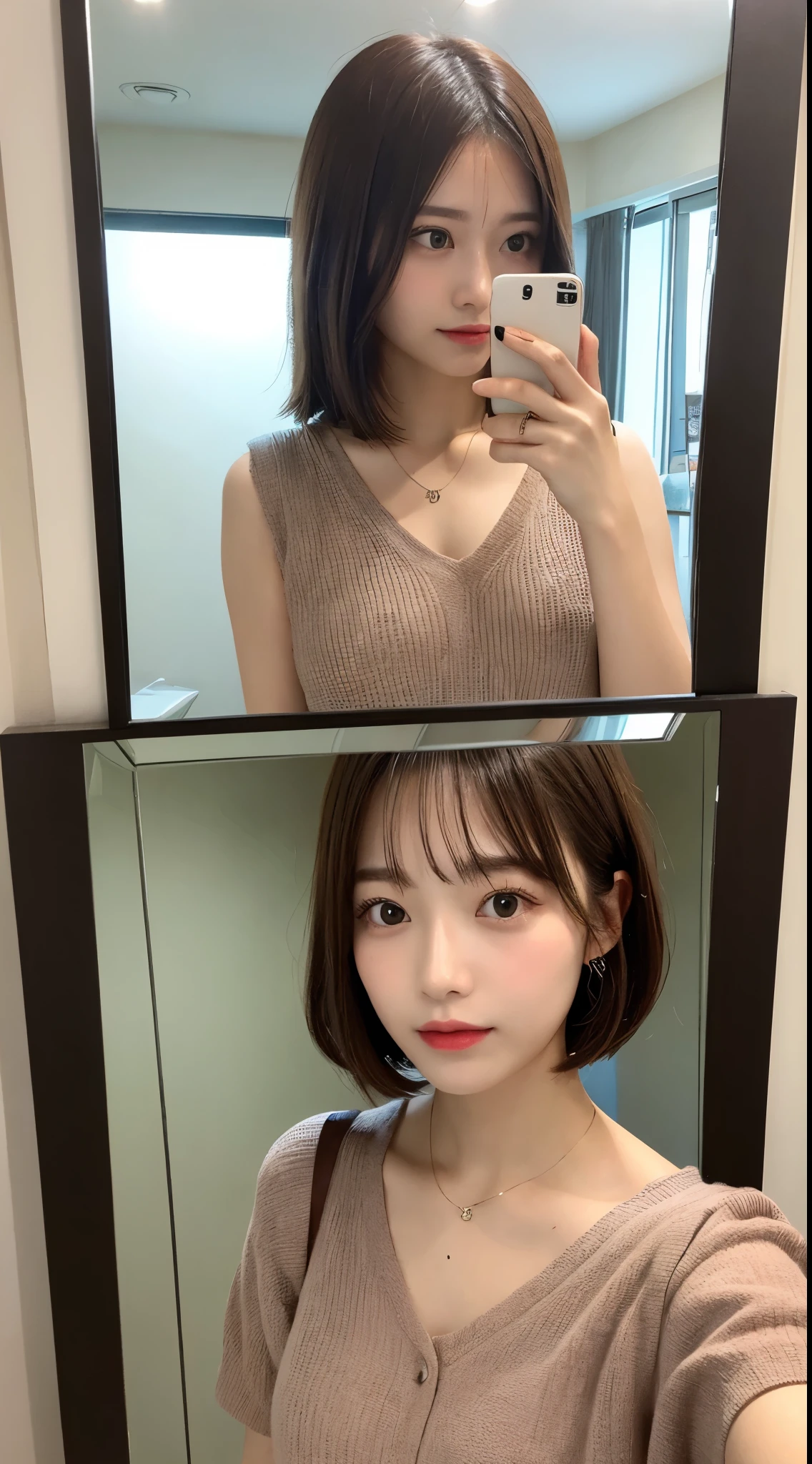 Japanese Beauty、Brown hair short cut、Selfie、Mirror photo、Reflected in the mirror、Summer clothes