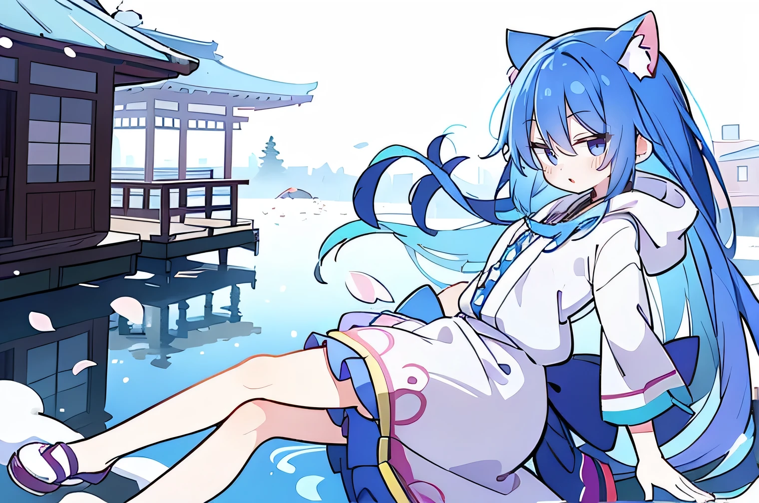 (masterpiece:1.2),Super detailed,lifelike,Expressive eyes,fair skin,perfect face shape,1 girl,
Japanese comics,Gorgeous blue hair,flowing blue hair,flowing clothes,Cat ears,Petals fall,beautiful lola,Baby Angel,
Shaking head with one hand,Cross your legs,Gentle and peaceful background,The pavilion is cool and comfortable,smile, wearing hoodie, background of tokyo,back views,snowing, winter.