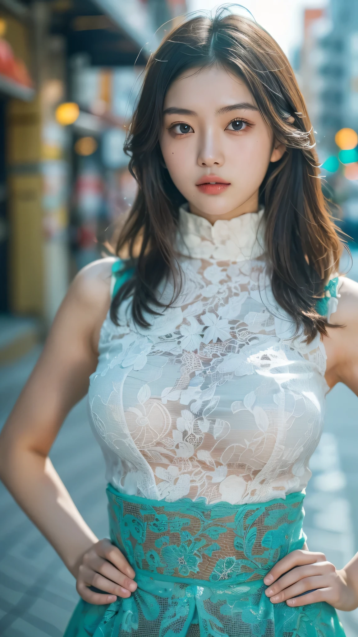 (8,000 people, High resolution, highest quality, Tabletop:1.2)、((whole body)), Japanese girl's life々Beautiful portrait、超A High resolution, highest quality, (Big Breasts,:1.8), {Hide all breasts:1.2}, {Off-white shorts:1.5}. (Wearing a blue sleeveless turtleneck:1.5), (Hands on hips:1.6), (On the street:1.2), break (Natural skin texture, Detailed skin, Surrealism, Extremely clear), Intricate details, Depth of written boundary, Sexy Woman, Long black straight hair, Tight ass, ((masterpiece, highest quality, Attention to detail)), (Realistic:1.4), alone, shut up, smile happily, Big eyes, Clear double eyelids, eyelash, Long neck, Absolute area, Beautiful collarbone, Your face is perfect, Thin lips, Small face, (Looking at the audience, Eye highlights, Light brown eyes, Lip gloss side:1.5), {From head to toe, showing my whole body:1.7}, smile, Dolphin Shorts, stockings, Pregnant women、Pregnant women in their final month、