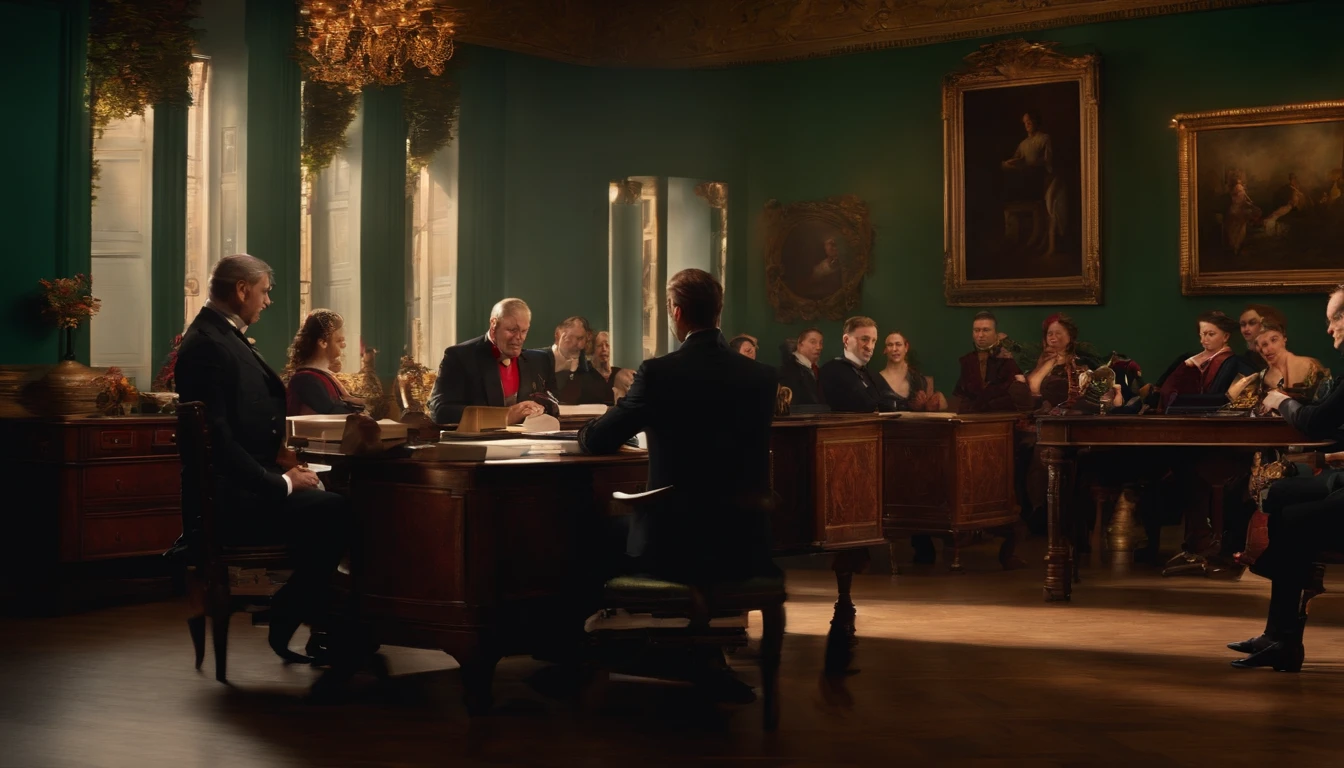 A man at a desk judges seven dancers.