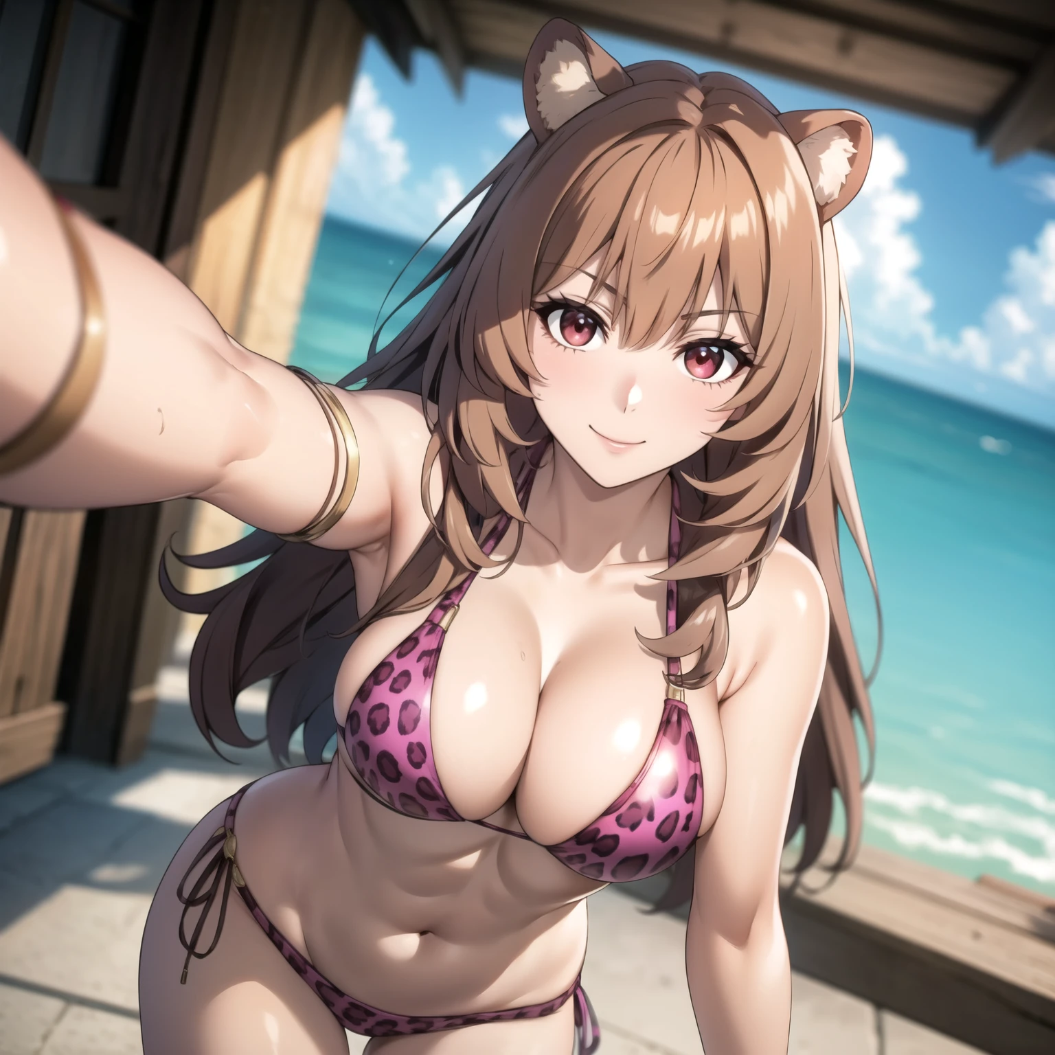 Raphtalia woman 27 años, cabello naranjo brillante, sonrisa, orejas de oso, red eyes like rubies, pechos grandes, piel clara, pink leopard print bikini, accesorios, accesorios de oro, selfi. manos perfectas. una sola mujer. mujer sola. selfi. cabello rubio.