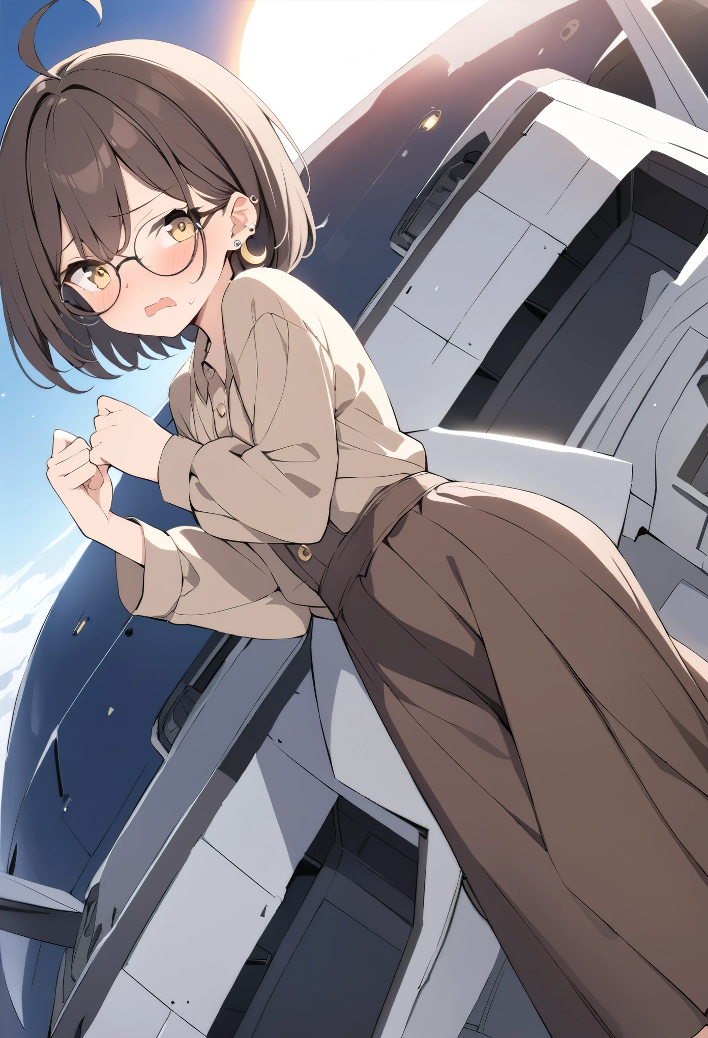best quality, masterpiece, ultra resolution, super details, anatomically correct, a girl of teens, full body, (dark brown hair:1.2), high quality eyes, high quality hands, short hair, light yellow eyes, (two short ahoges:1.3), round glasses, asymmetric earrings, (crescent earring at left side:1.2), (sun-shaped earring at right side:1.3), brown vest dress, long sleeves, loose sleeves, long skirt, short boots, coward, (shaking mouth:1.3), fluish, embarrased expression, on the deck of a starship, high quality background, depth of field, dutch angle