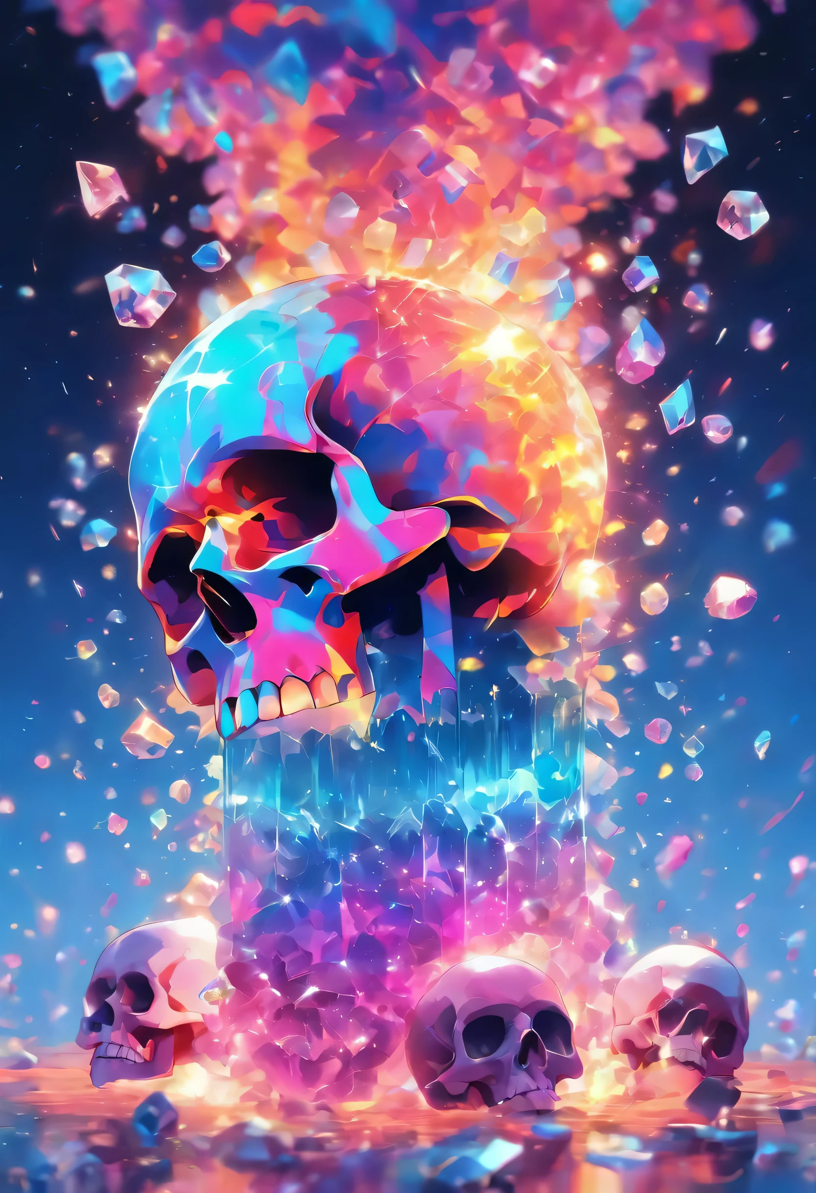 A realistic crystal falls on a human skull and causes it to explode into pieces of glass of all colors ,pixel , Pixelated Skull