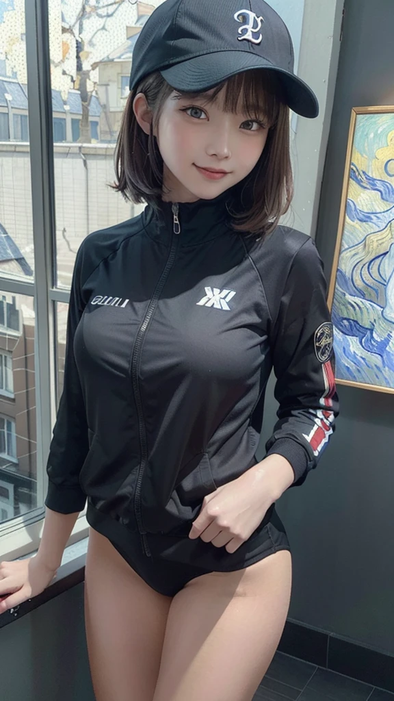 masterpiece, highest quality, 4K, Ultra-high resolution, 21 year old female,  Beautiful eyes and fine face, figure, Beautiful details, high resolution figure, Shine_white_particle, One girl, 茶 hair, , Short side details, Baseball cap,Smiling face, Window Shades, Black jacket, Chest Rig, cyber punk, Techwear,(Impressionism:1.4), Vincent van Gogh