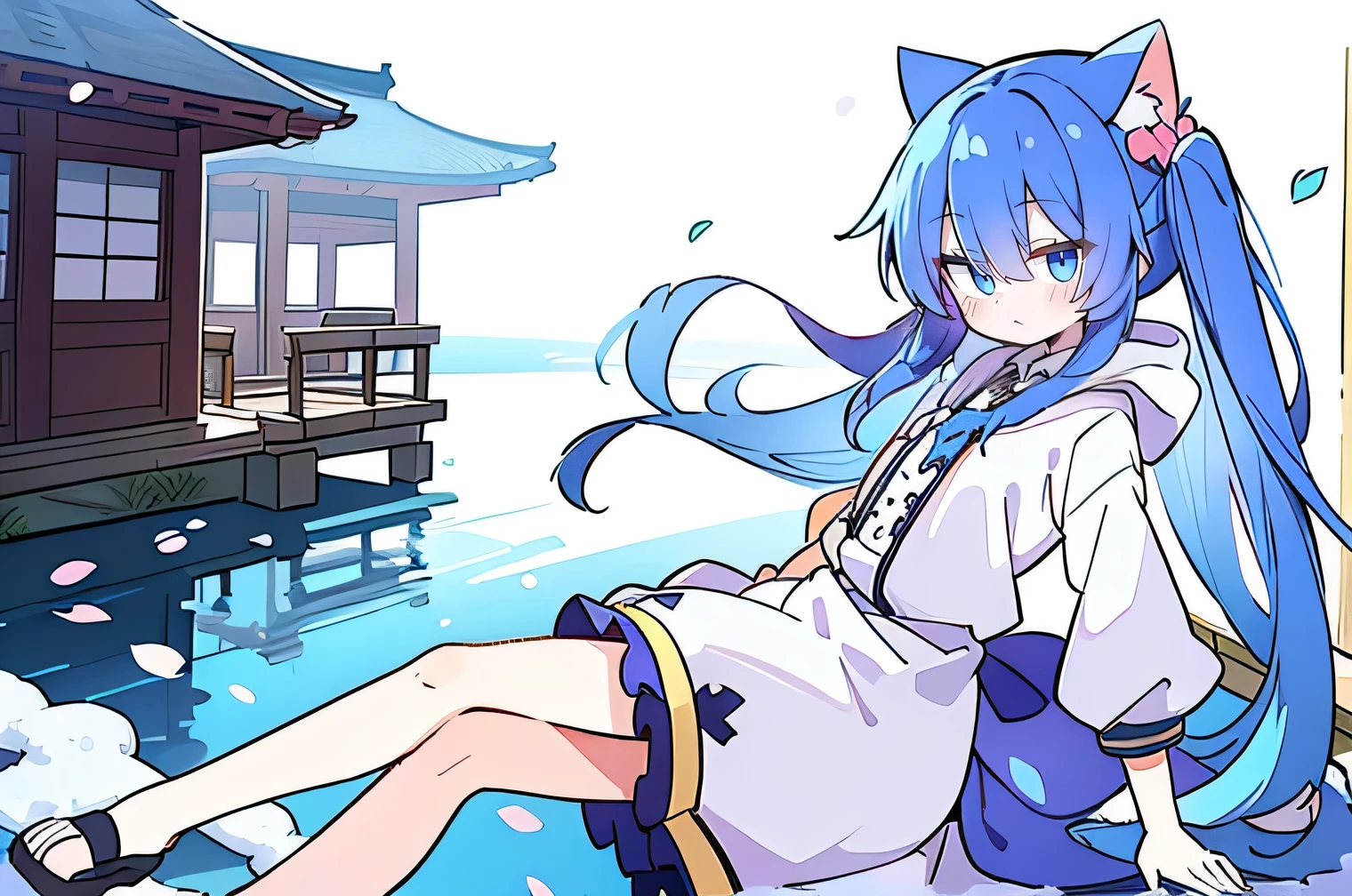 （masterpiece：1.2），Super detailed，lifelike，Expressive eyes，fair skin，perfect face shape，1 girl，
Japanese comics,Gorgeous blue hair,flowing blue hair,flowing clothes,Cat ears,Petals fall,beautiful lola,Baby Angel,
Shaking head with one hand，Cross your legs，Gentle and peaceful background，The pavilion is cool and comfortable,smile, wearing hoodie, background of tokyo,back views,snowing, winter.