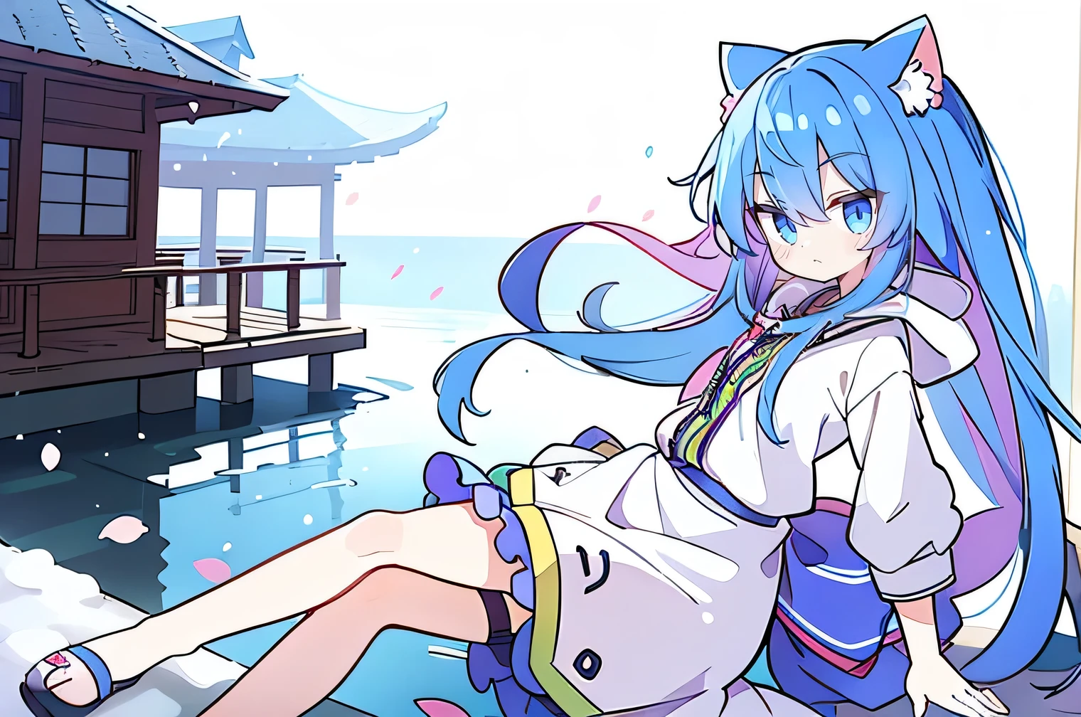 （masterpiece：1.2），Super detailed，lifelike，Expressive eyes，fair skin，perfect face shape，1 girl，
Japanese comics,Gorgeous blue hair,flowing blue hair,flowing clothes,Cat ears,Petals fall,beautiful lola,Baby Angel,
Shaking head with one hand，Cross your legs，Gentle and peaceful background，The pavilion is cool and comfortable,smile, wearing hoodie, background of tokyo,back views,snowing, winter.
