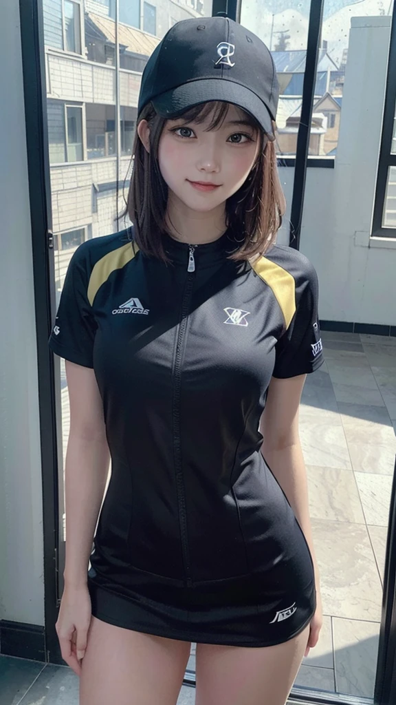 masterpiece, highest quality, 4K, Ultra-high resolution, 21 year old female, Beautiful eyes and fine face, figure, Beautiful details, high resolution figure, Shine_white_particle, One girl, 茶 hair, , Short side details, Baseball cap,Smiling face, Window Shades, Black jacket, Chest Rig, cyber punk, Techwear,(Impressionism:1.4), Vincent van Gogh