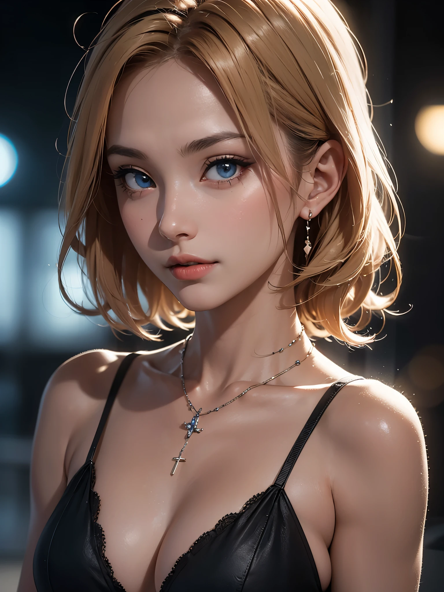 best quality, masterpiece, high resolution, A girl, blond, blue eyes, Fashion Clothing, necklace, jewelry, Pretty Face, Perfect breasts, more than_Body, Tyndall effect, lifelike, Dark Studio, Side light, Two-color lighting, (HD Skin:1.2), 8K Ultra HD, SLR camera, Soft Light, high quality, Volumetric Lighting, frank, photography, high resolution, 4K, 8k, Bokeh,