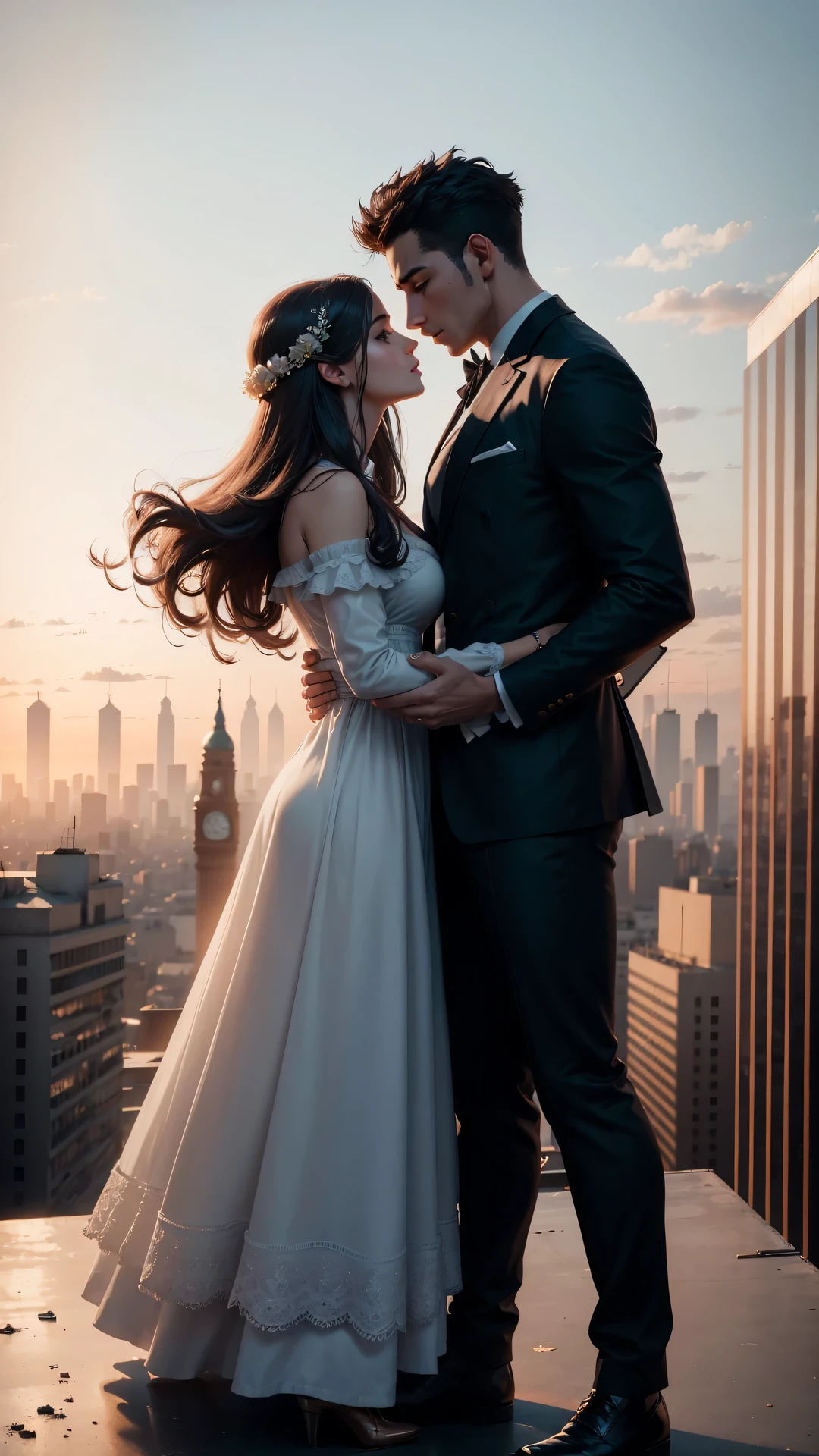 A woman and a man standing on top of a building, creating a beautifully romantic scene. (Raw photo, highest quality), (8K, highest quality, masterpiece: 1.2), Super detailed, super resolution