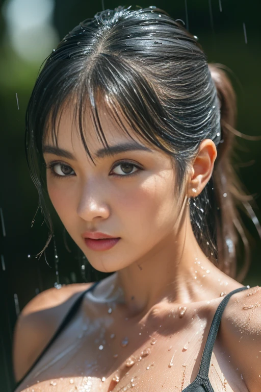 My hair got wet in the heavy rain, face and clothes Soaking wet.　Rain-Soaking wet face or dripping water　masterpiece、超High resolution、well done!、She has a very pretty face and is young like an idol.々Has a good figure.1 Japanese Cheerleader、Gentle and cute、A gentle smile wet with rain、She is a cheerleading member、Cheerleader uniforms are bikini type, Show off your cleavage.、Breathe rain　Soaking wet　At a soccer game、As a leader in the rear, I kneel in the rain and cheer on the team.　large size bust、whole body、RAW Photos、Genuine、High resolution、Life、No copyright notice