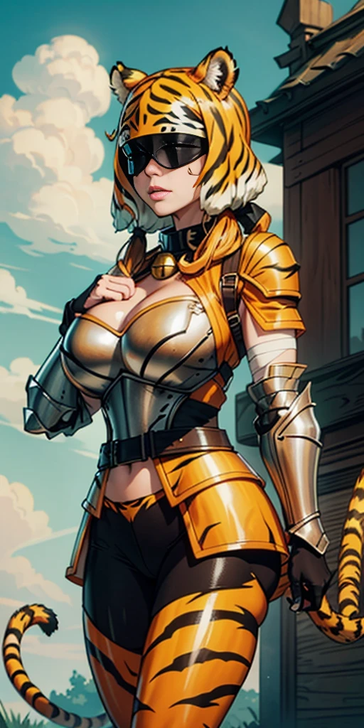 1 solo female blindfolded, animal tiger ears, animal tiger hands, animal tiger print, bell ((Armor reminiscent of a tiger))