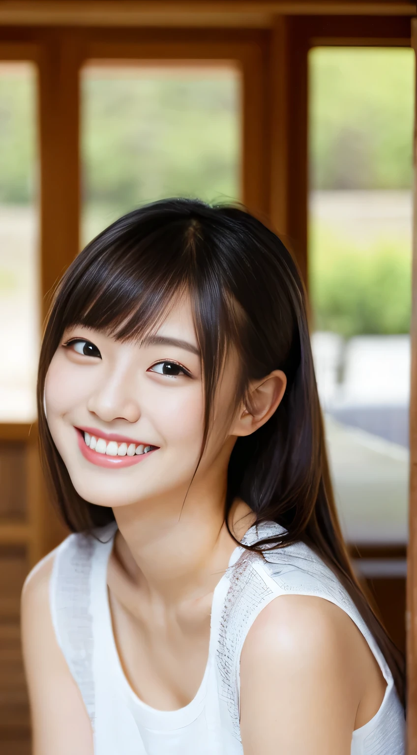 masterpiece,best quality,(Japanese ),((Beautiful girl)),indoor,(perfect body beauty:1.2),(shy smile),beautiful teeth,