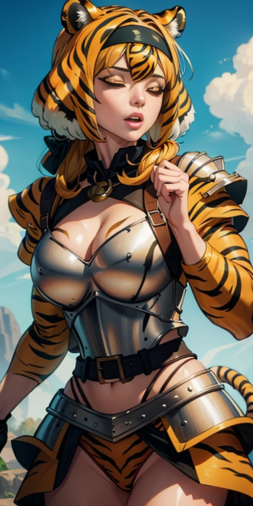 1 solo female blindfolded, animal tiger ears, animal tiger hands, animal tiger print, bell ((Armor reminiscent of a tiger))