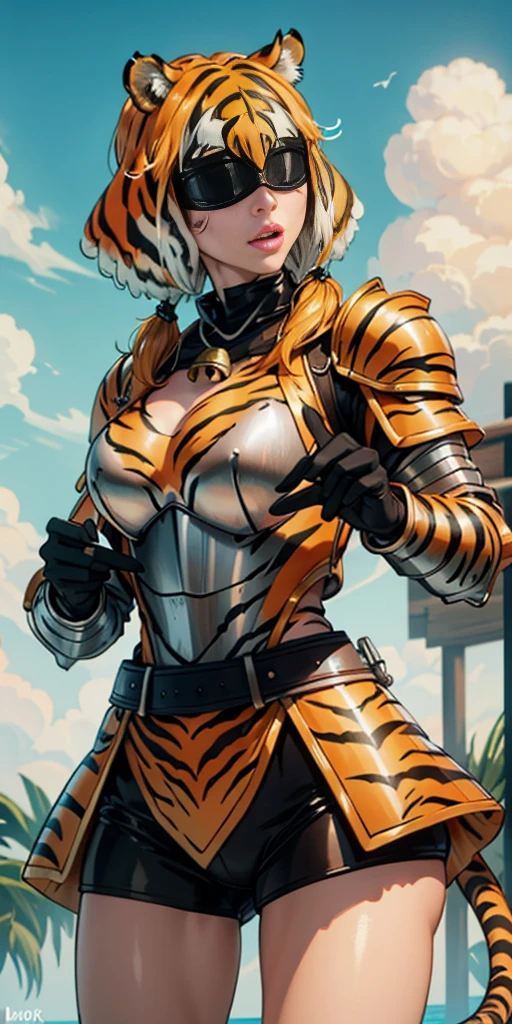 1 solo female blindfolded, animal tiger ears, animal tiger hands, animal tiger print, bell ((Armor reminiscent of a tiger))