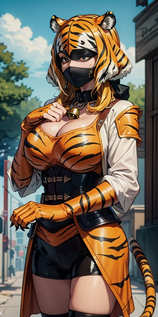 1 solo female blindfolded, animal tiger ears, animal tiger hands, animal tiger print, bell ((Armor reminiscent of a tiger))