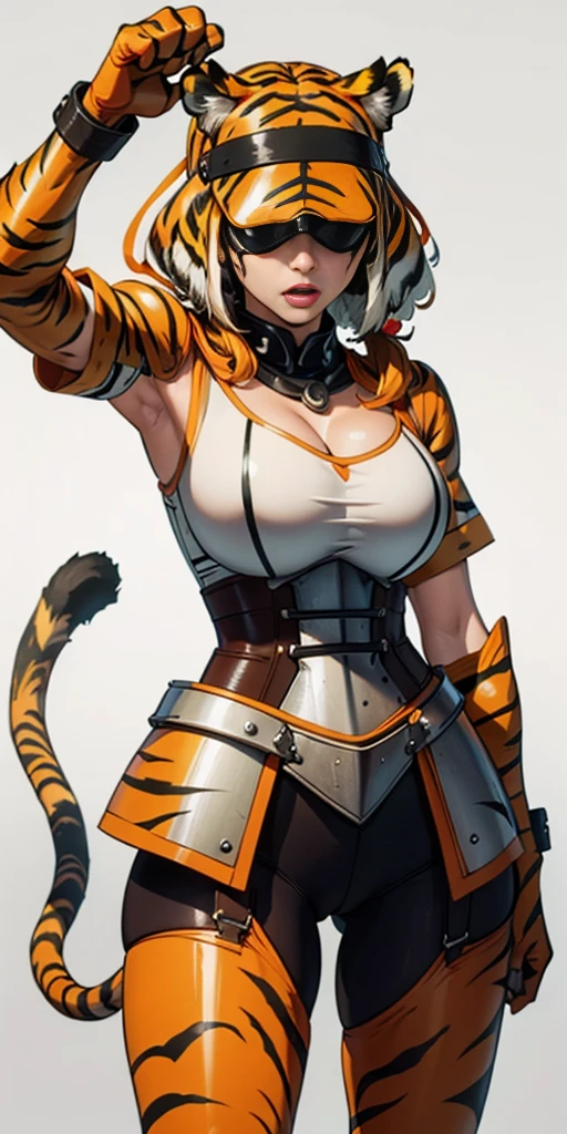 1 solo female blindfolded, animal tiger ears, animal tiger hands, animal tiger print, bell ((Armor reminiscent of a tiger))