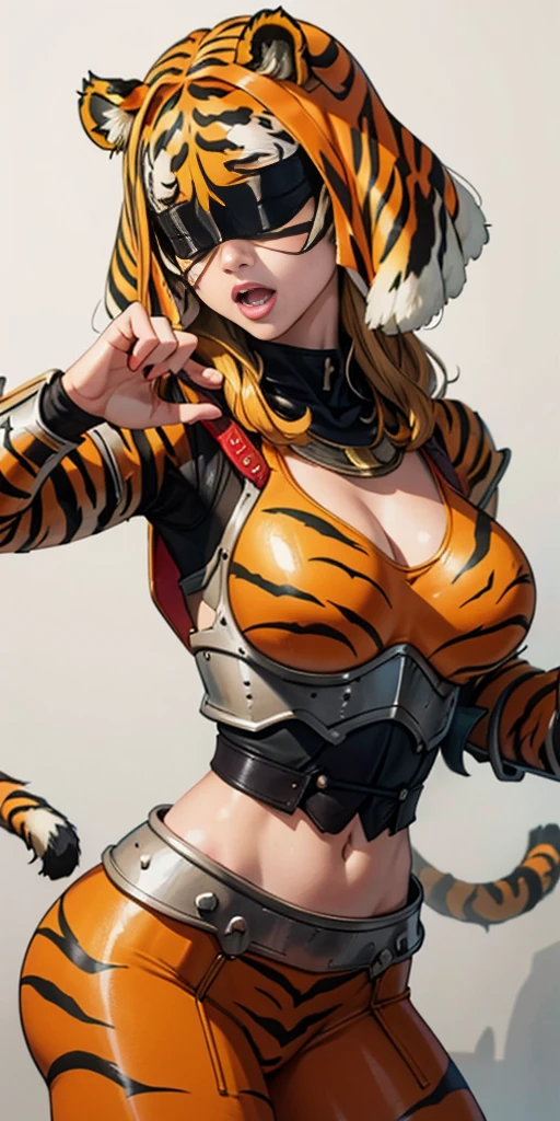 1 solo female blindfolded, animal tiger ears, animal tiger hands, animal tiger print, bell ((Armor reminiscent of a tiger))