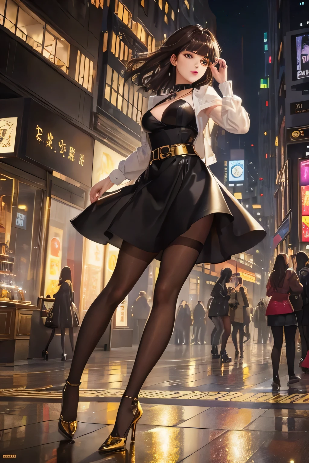 (dark brown eyes),With strobe lighting、Dramatic shadows and highlights、Create an image with a sense of depth and three-dimensionality、Tangle、Gorgeous、1woman wearing trendy clothes, fashion show, The painting is ultra-high detailed and has a resolution of 8k, showcasing the best quality and craftsmanship. The background is colorful, with a touch of fog and smoky, creating a mysterious atmosphere.the city that never sleeps,(a woman:1.2), , luminous design, vivit colours,spring lights,Artistic, (black pantyhose:1.1), gold high heels, black short skirt